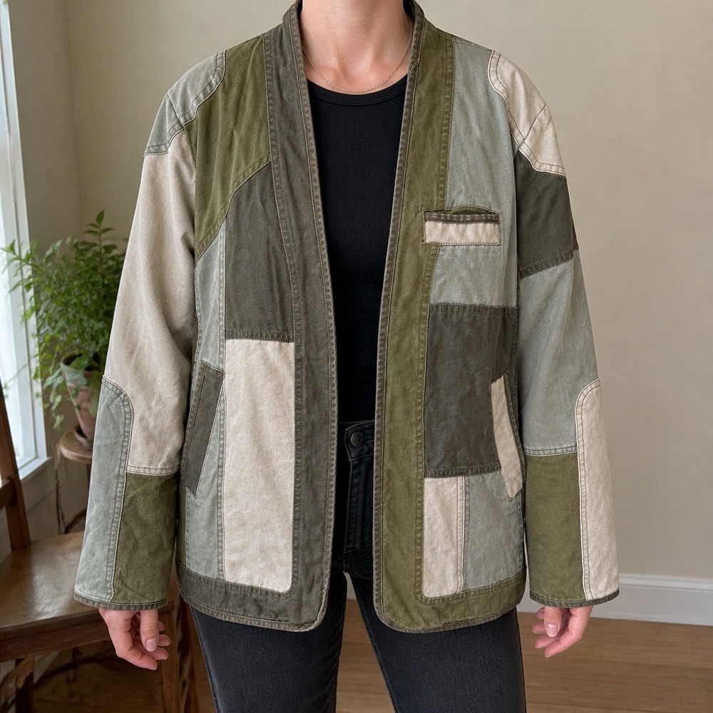 Silence + Noise Womens Small Green Patchwork Utility Shawl Open Jacket (2365)
